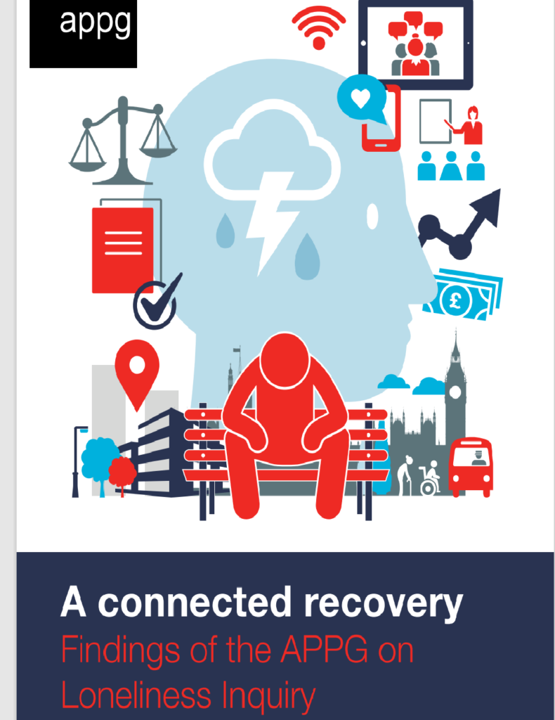 Report front page that says 'A Connected Recovery. Findings of the APPG on Loneliness Inquiry' The image is an illustration of a person sitting on a bench surrounded by icons representing public services, money and buildings.