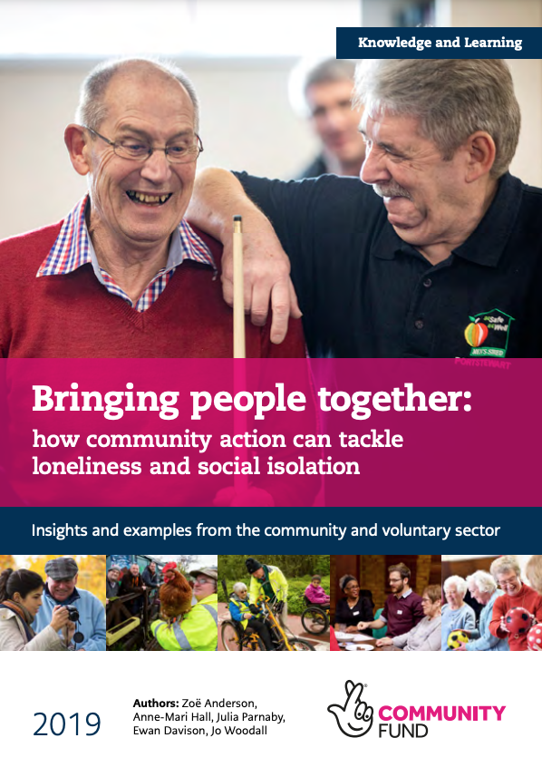 Front page of the report. The title, Bringing people together: how community action can tackle loneliness and social isolation. Insights and examples from the community and voluntary sector.