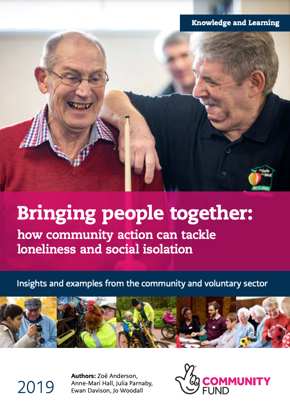 Front page of the report, with text that says 'Bringing people together: how community action can tackle loneliness and social isolation. Insights and examples from the community and voluntary sector.'