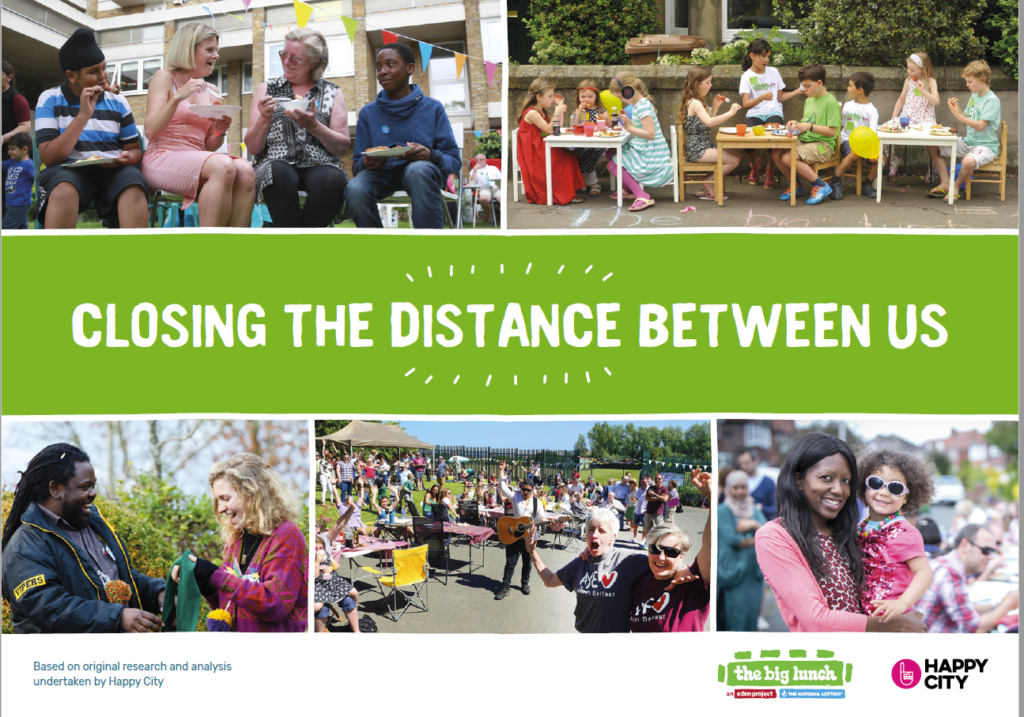 Report front page with text that says 'Closing the distance between us'. There are five separate photos which shows communities coming together to eat, play music and have a good time.