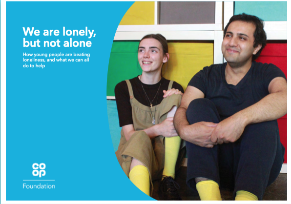 We are lonely, but not alone, How young people are beating loneliness, and what we can all do to help, published by Co-Op. Young woman and man are smiling, sitting on a floor behind colourful background.