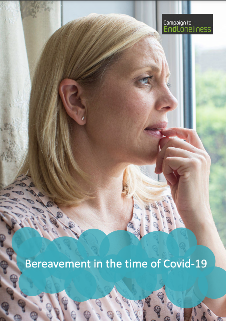 Front page of the report, with text that says 'Bereavement in the time of Covid-19.' A woman looks concernedly out of a window, with her hand raised against her chin.