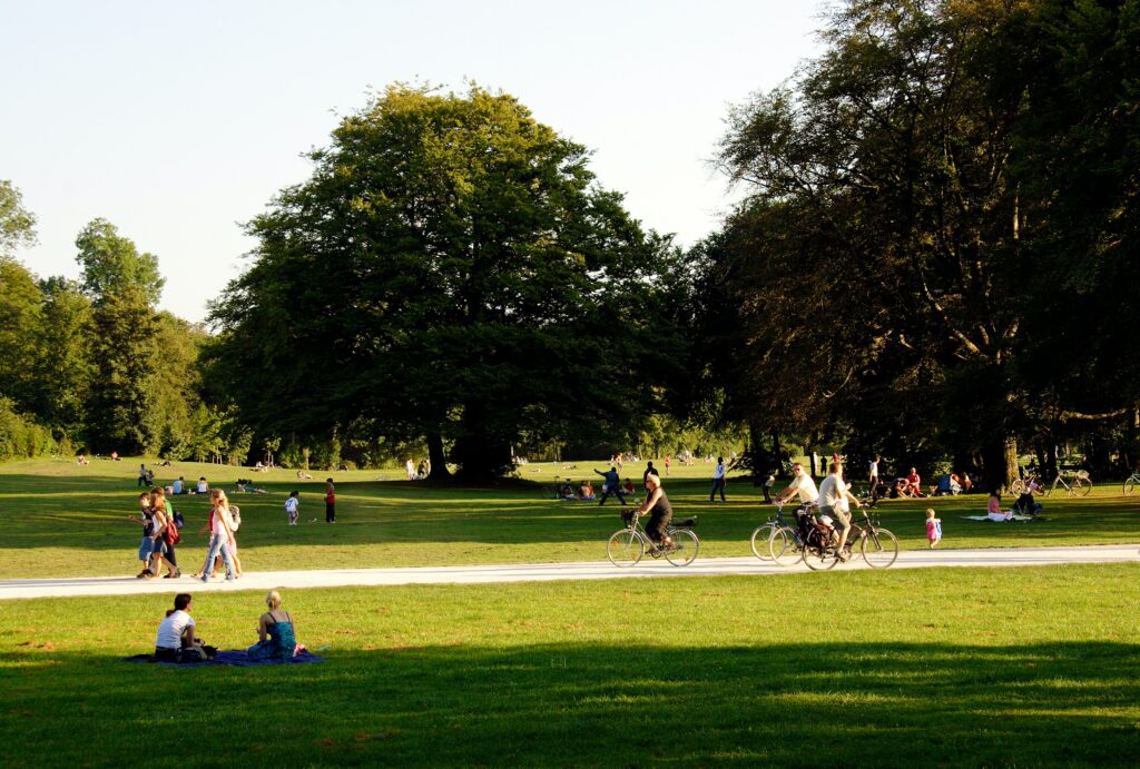 A tree filled park, dappled in sunlight, with people sitting on the grass and walking and cycling on the path
