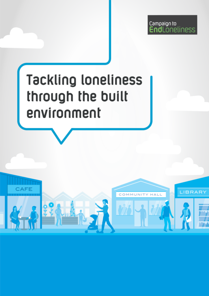 Front page of the Tackling loneliness through the built environment report. A blue illustration of a local street, with people walking and sitting down in a cafe.