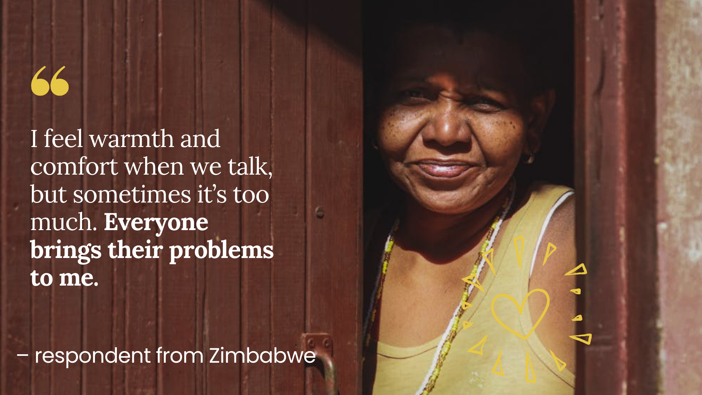 ​Zimbabwean woman looking out from her front door with a quote written in graphics