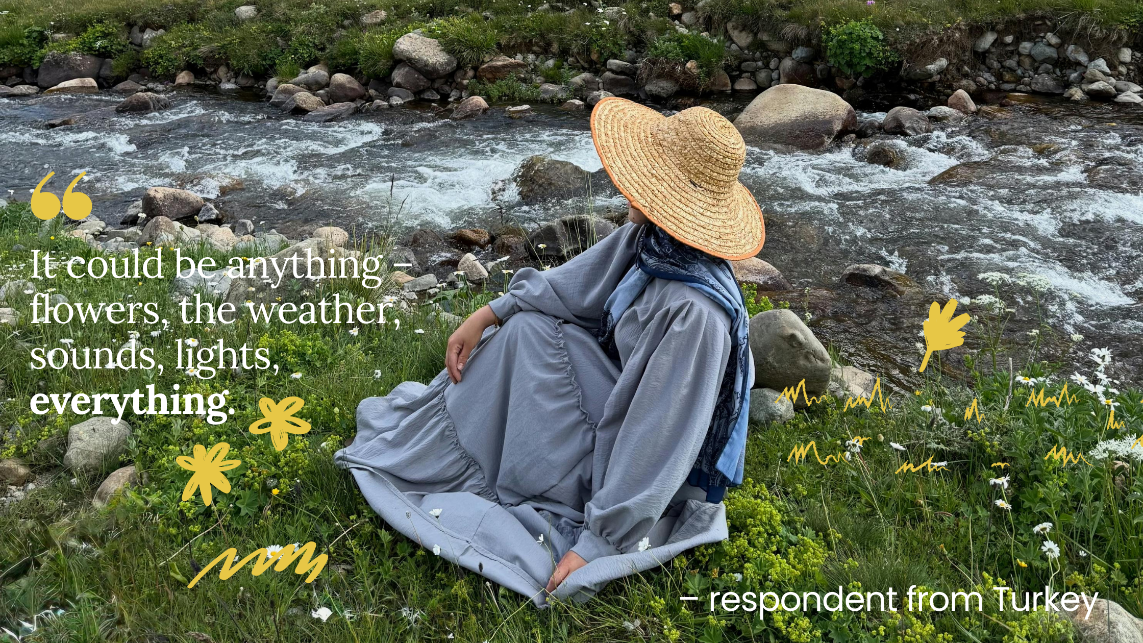Woman crouched down in the outdoors with a quote written in graphics
