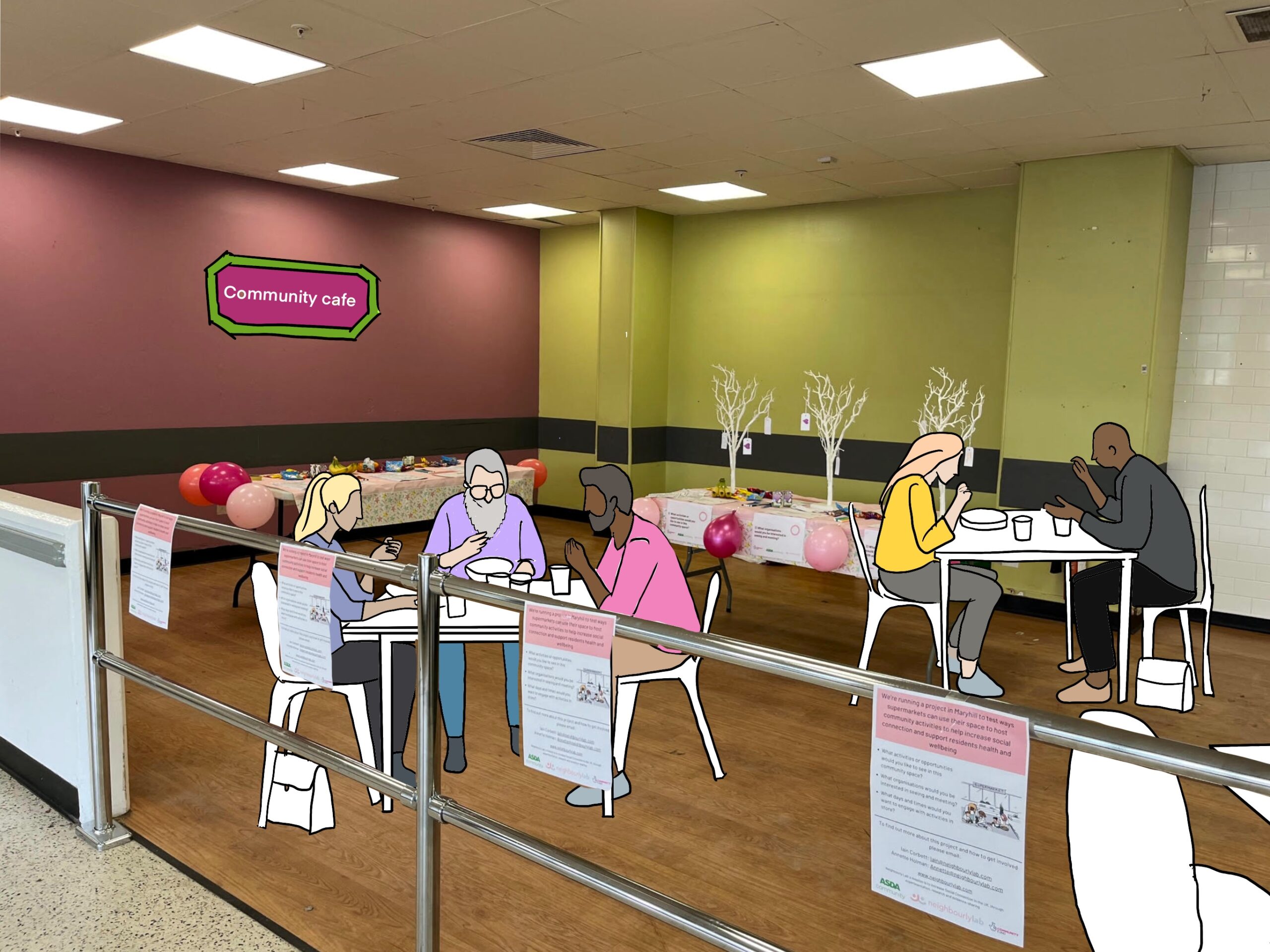 A sketch of people doing artwork over a photo of a Community Cafe