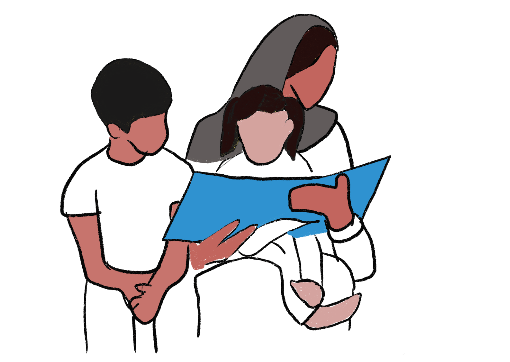 Sketch of a mother wearing a head scarf covering reading to 2 small children