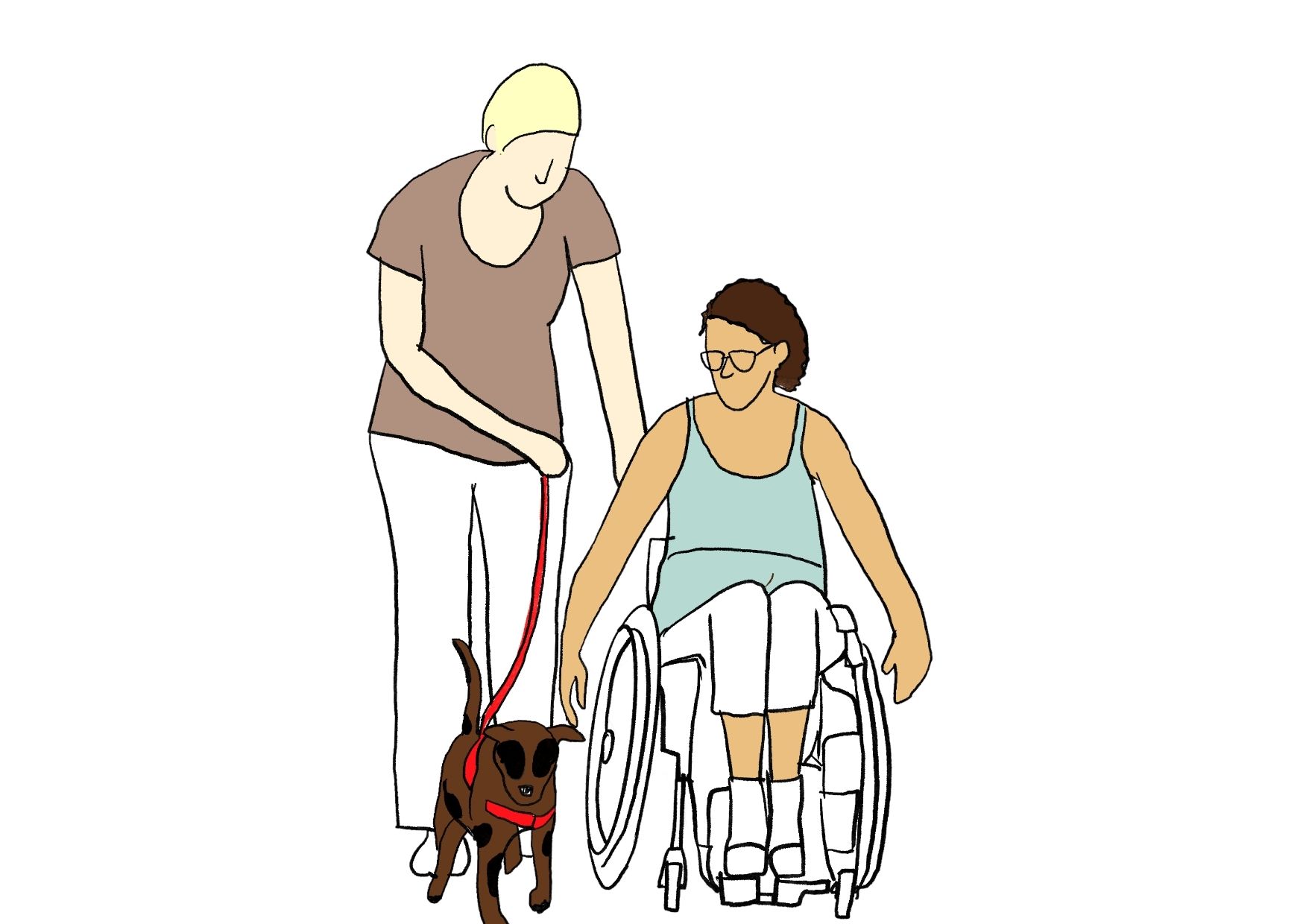A sketch of a woman in a wheelchair and her carer walking the dog