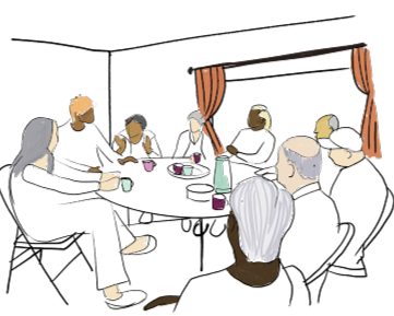 sketch of people at table eating and drinking